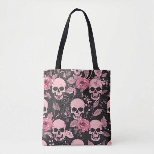 Pink Skulls and Flowers Design Tote Bag