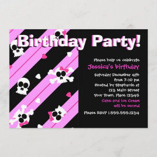 Pink Skulls and Hearts Birthday Party Invitation