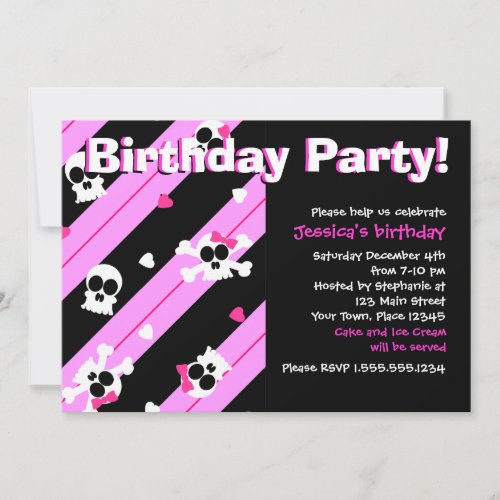Pink Skulls and Hearts Birthday Party Custom Announcement