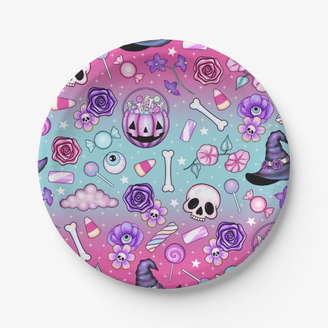 Pink Skulls & Candy Floral Halloween Paper Plates (Front)