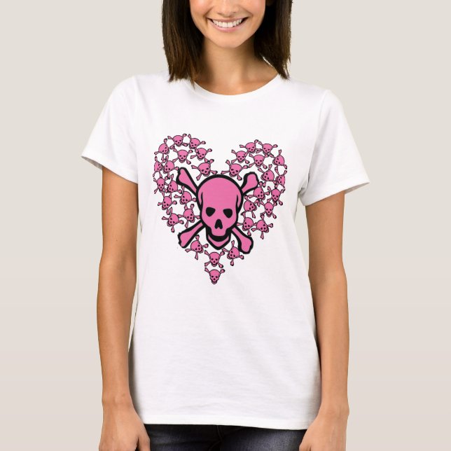 Pink Skulls in Heart Shape T-Shirt (Front)