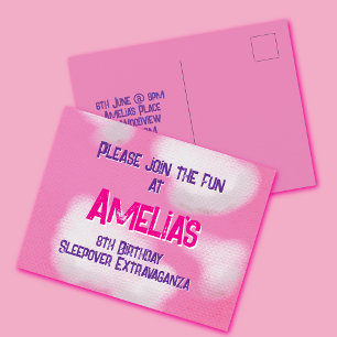 Pink sky and fluffy clouds Birthday Invitation Postcard