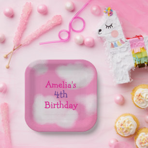 Pink sky and fluffy clouds Birthday Paper Plates