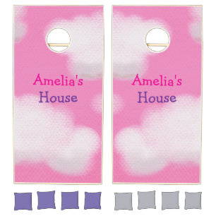 Pink sky and fluffy clouds cornhole set