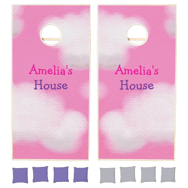 Pink sky and fluffy clouds cornhole set (Set)