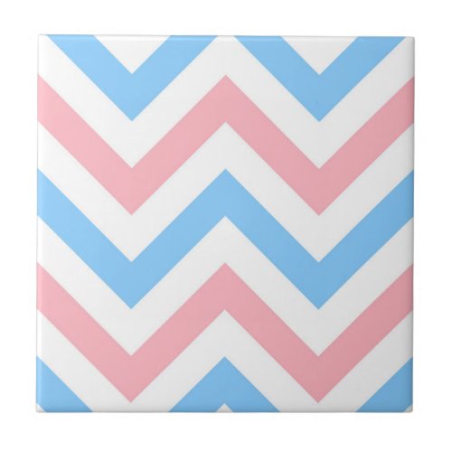 Pink Sky Blue White Large Chevron ZigZag Pattern Ceramic Tile