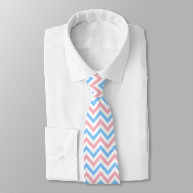 Pink, Sky Blue, White Large Chevron ZigZag Pattern Neck Tie (Tied)