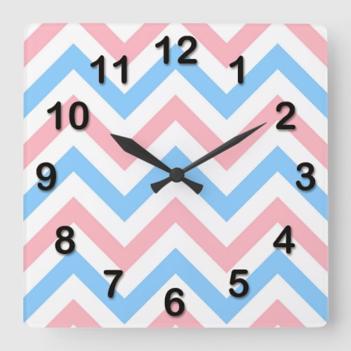 Pink Sky Blue White Large Chevron ZigZag Pattern Square Wall Clock