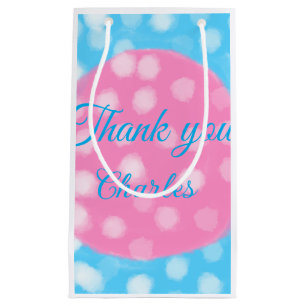 Pink sky blue white polka dots thank you add name small gift bag