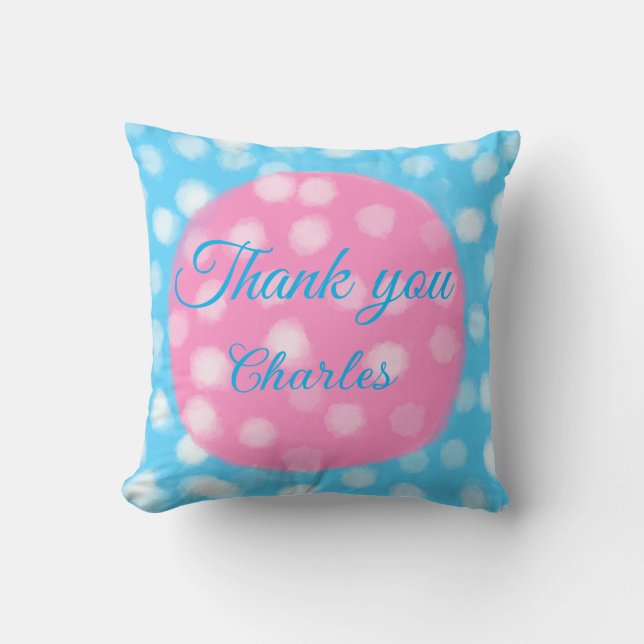 Pink sky blue white polka dots thank you add name  throw pillow (Front)