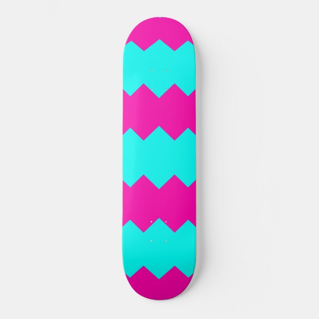 Pink & Sky Blue Zig Zag Stripe Pattern Skateboard Deck (Front)