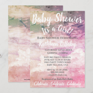 PINK SKY CLOUDS PHOTO BABY GIRL SHOWER INVITATION