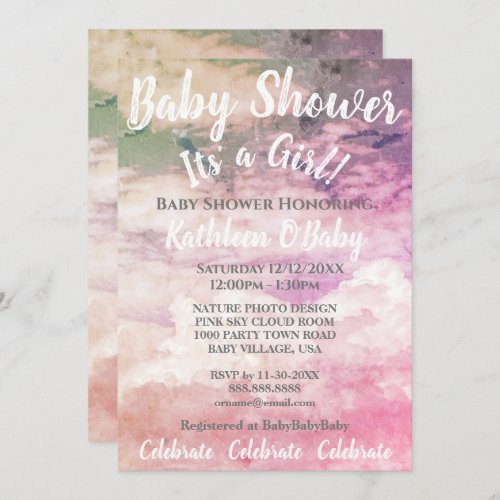 PINK SKY CLOUDS PHOTO BABY GIRL SHOWER INVITATION