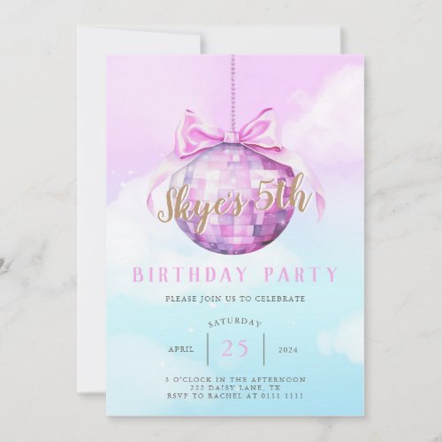 Pink Sky Discoball Girl Birthday Invitation 