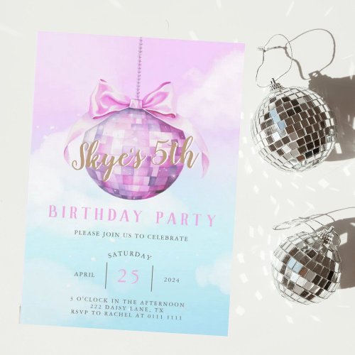 Pink Sky Discoball Girl Birthday Invitation 