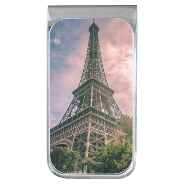 Pink Sky Eiffel Tower Pairs France Silver Finish Money Clip (Front Vertical)