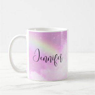 Pink Sky Fluffy Clouds and Rainbow Coffee Mug