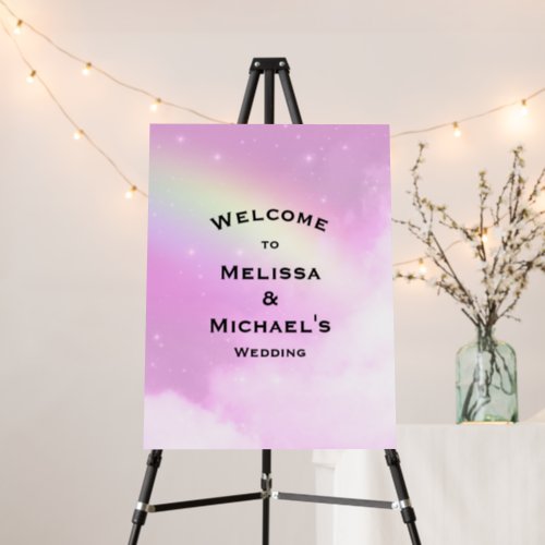 Pink Sky Fluffy Clouds and Rainbow Wedding Welcome Foam Board