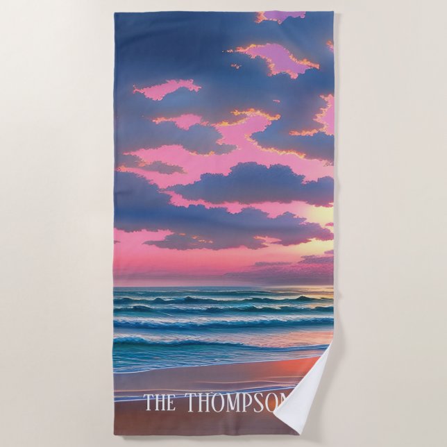 Pink Sky Gorgeous beach sunset Beach Towel (Front)