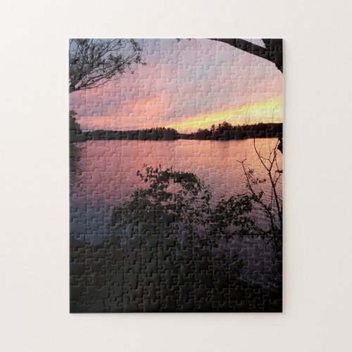 Pink Sky Sunset on Lake Jigsaw Puzzle