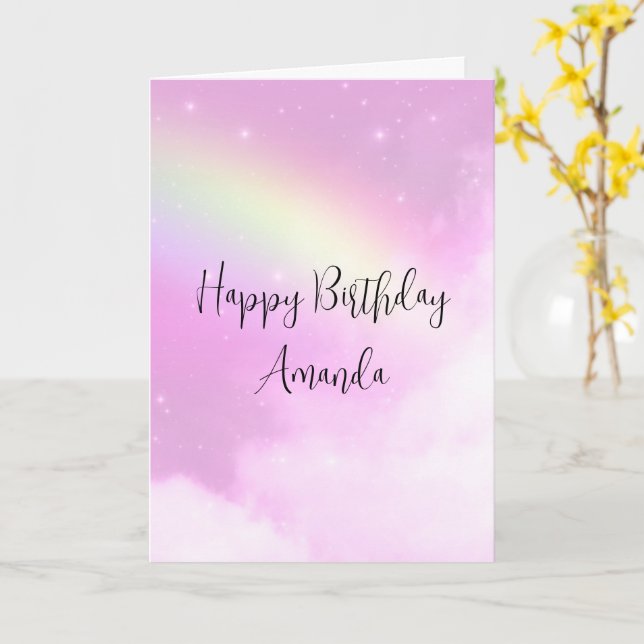 Pink Sky with Lemon Yellow Rainbow Birthday Card (Yellow Flower)