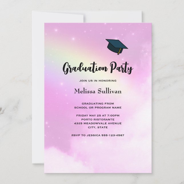 Pink Sky with Lemon Yellow Rainbow Graduation Invitation (Front)
