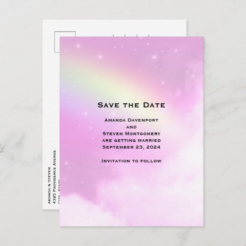 Pink Sky with Lemon Yellow Rainbow Save the Date Invitation Postcard