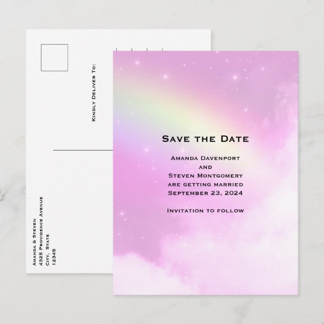 Pink Sky with Lemon Yellow Rainbow Save the Date Invitation Postcard (Front/Back)