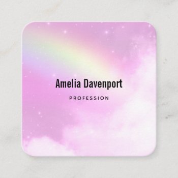 Pink Sky With Lemon Yellow Rainbow Square Business Card by Mirribug at Zazzle