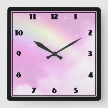 Pink Sky With Lemon Yellow Rainbow Square Wall Clock by Mirribug at Zazzle