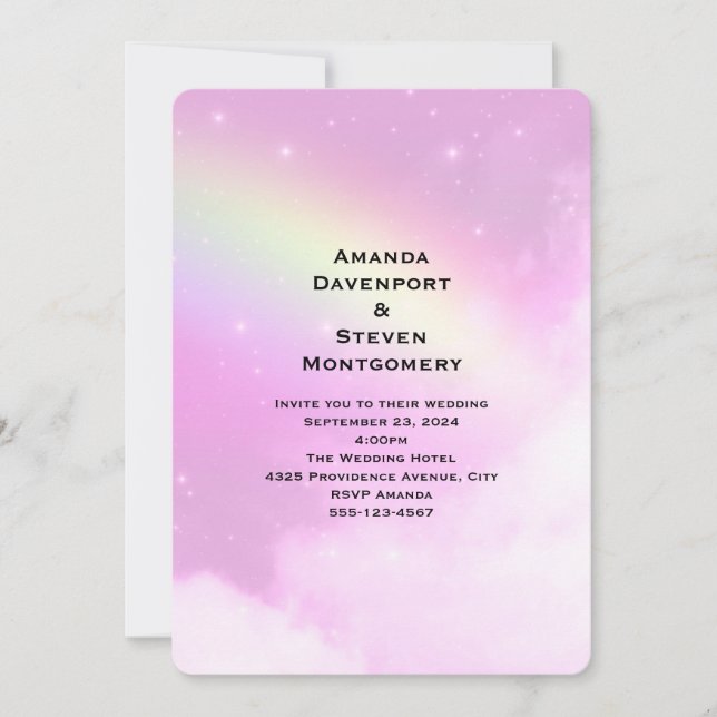 Pink Sky with Lemon Yellow Rainbow Wedding Invitation (Front)