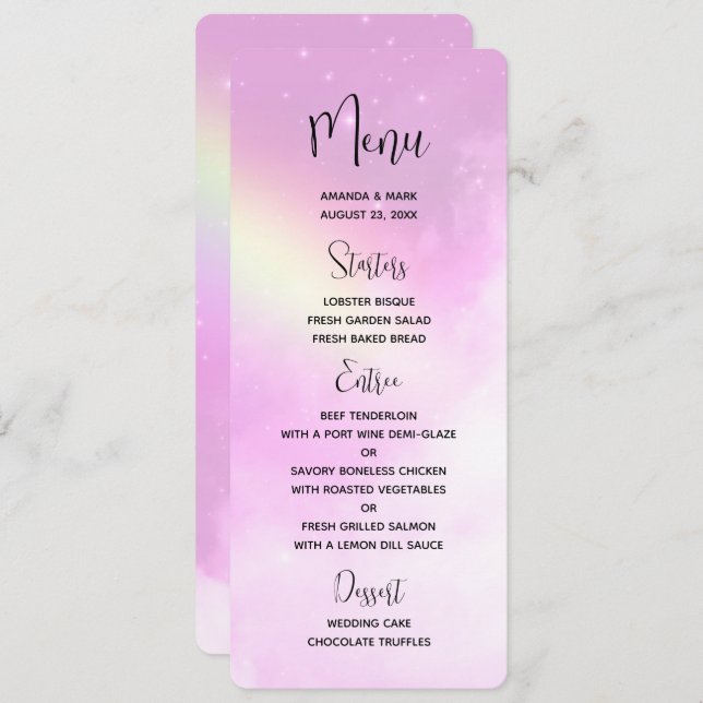Pink Sky with Lemon Yellow Rainbow Wedding Menu Invitation (Front/Back)