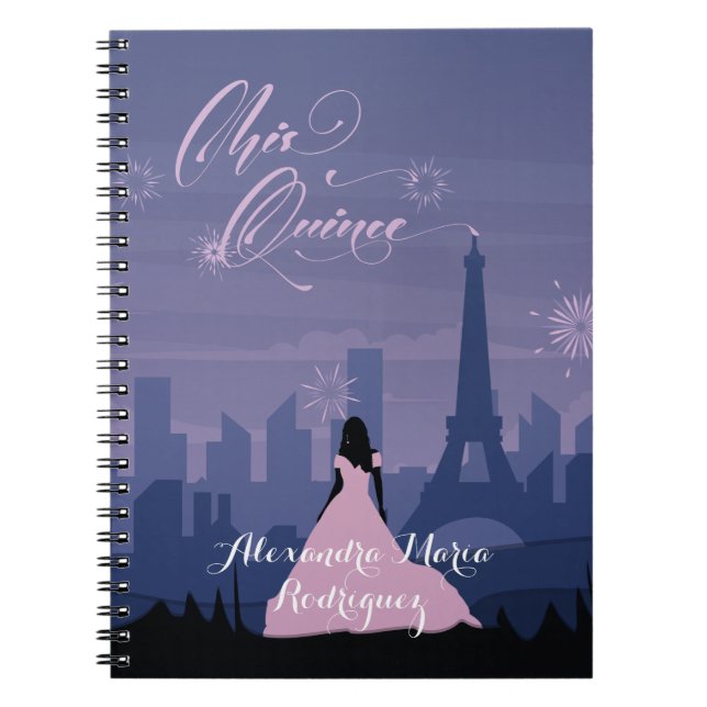 Pink & Slate Blue Paris Fireworks Quinceañera Notebook (Front)