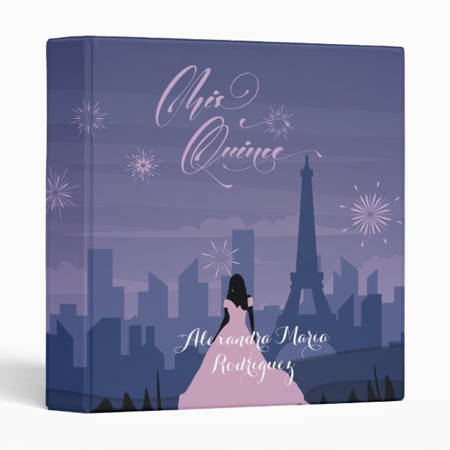 Pink & Slate Blue Paris Fireworks Quinceañera Tri- 3 Ring Binder (Front/Spine)
