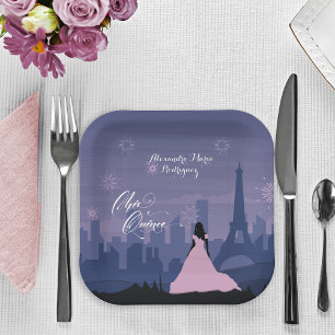 Pink & Slate Blue Paris Fireworks Quinceañera Tri- Paper Plates