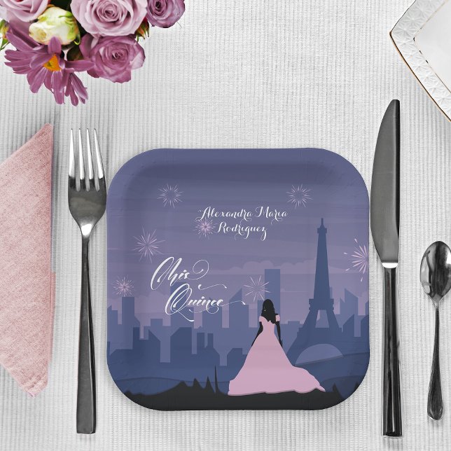 Pink & Slate Blue Paris Fireworks Quinceañera Tri- Paper Plates (Creator Uploaded)