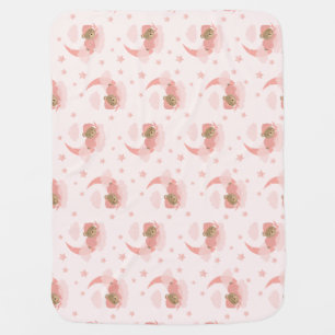 Pink Sleeping Baby Bear On Moon Clouds & Stars Blanket