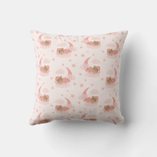 Pink Sleeping Baby Bear On Moon Clouds & Stars Throw Pillow