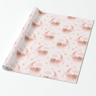 Pink Sleeping Baby Bear On Moon Clouds & Stars Wrapping Paper