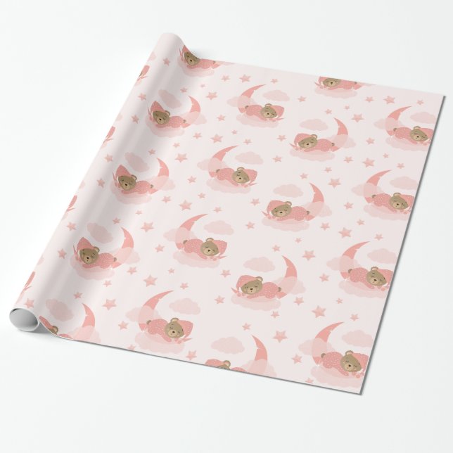 Pink Sleeping Baby Bear On Moon Clouds & Stars Wrapping Paper (Unrolled)