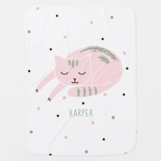 Pink Sleeping Cat Personalized Baby Blanket