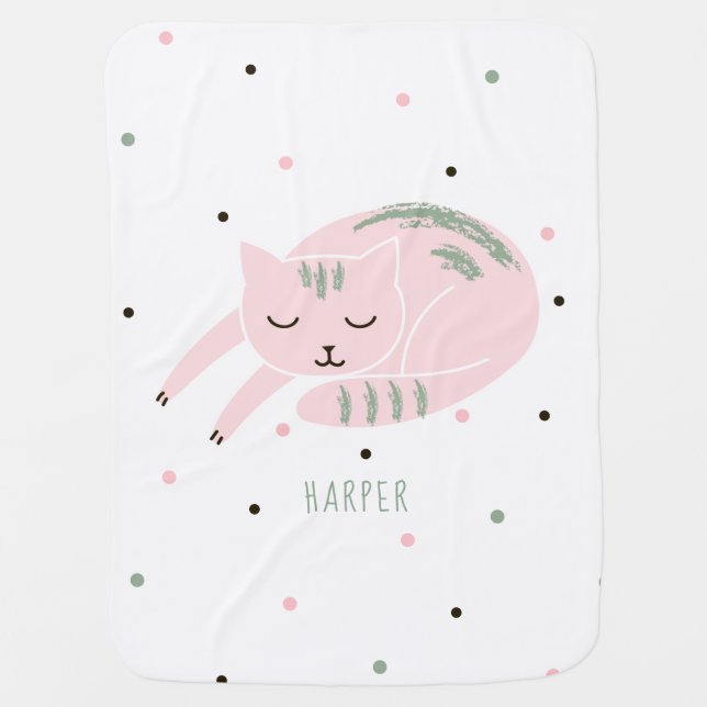 Pink Sleeping Cat Personalized Baby Blanket (Front)