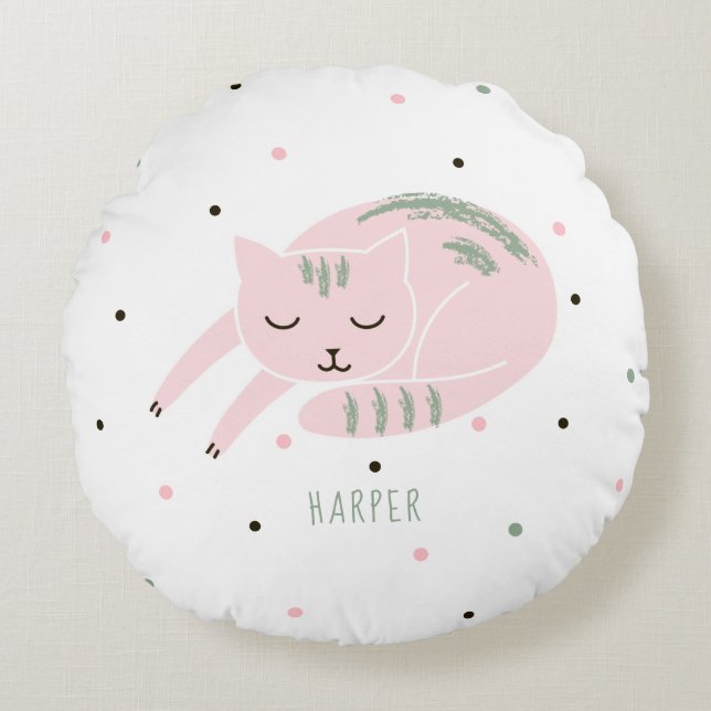 Pink Sleeping Cat Personalized Round Pillow (Front)