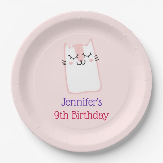 Pink Sleeping Kitty Cat Birthday Paper Plates (Front)