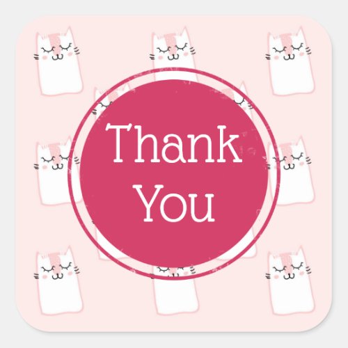 Pink Sleeping Kitty Cat Thank You Square Sticker