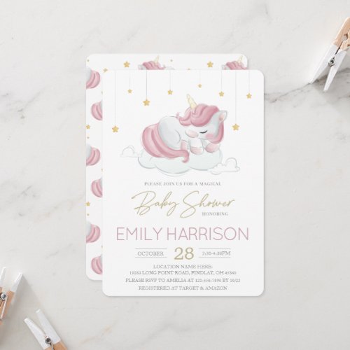 Pink Sleeping Unicorn Baby Shower Invitation