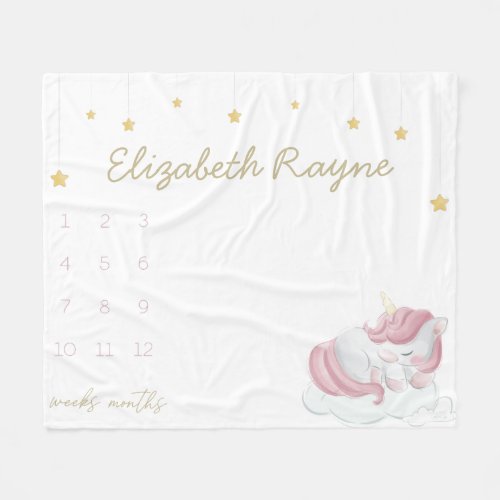 Pink Sleeping Unicorn Gold Stars Baby Milestone Fleece Blanket