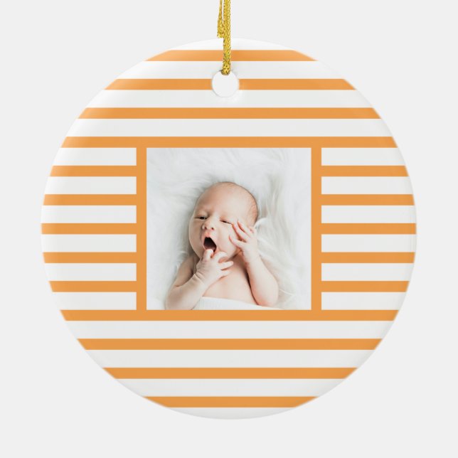 Pink Sleepy Baby Dino | Orange Stripe Modern Ceramic Ornament (Back)