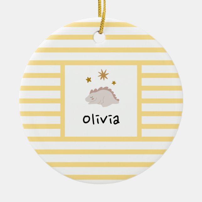 Pink Sleepy Baby Dino | Yellow Stripe Modern Ceramic Ornament (Front)