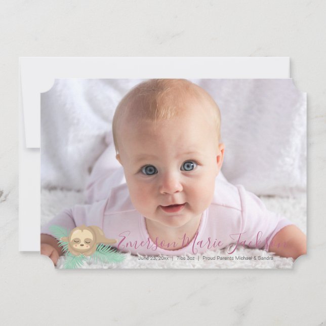 Pink Sleepy Baby Sloth Baby Photo Announcement (Front)
